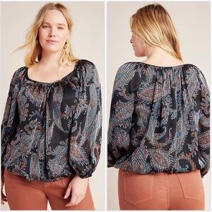Anthropologie Maeve Madeira Burnout Satin Blouse Long Sleeve Top Size Large EUC